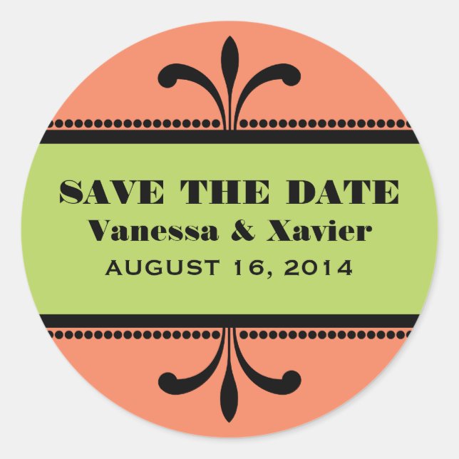 Orange/Green Fancy Art Deco Save the Date Stickers (Front)