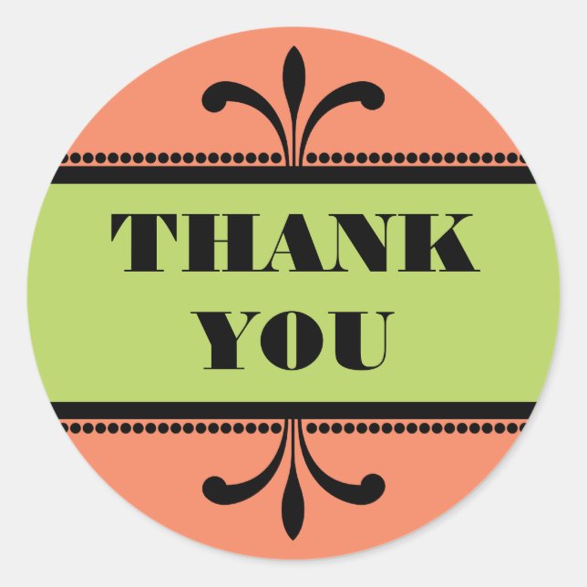 Orange/Green Fancy Art Deco Thank You Stickers (Front)