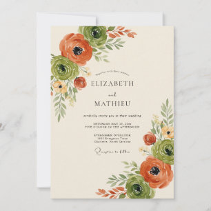 Orange Green Floral Autumn Wedding Invitation