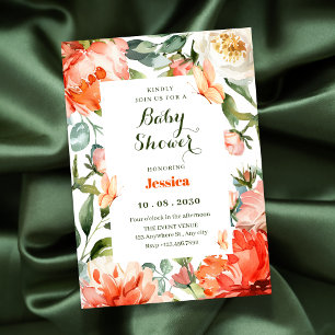 Orange green floral bloom baby shower invitation