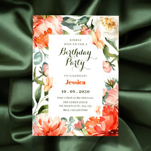 Orange green floral bloom birthday invitation