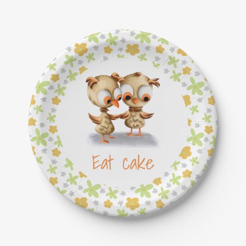 Orange Green Floral Brown Twin Owls Eat Cake Paper Plates