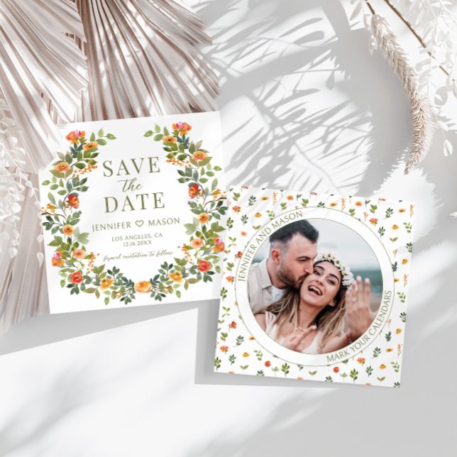 Orange green floral Save the Date photo invitation (Creator Uploaded)