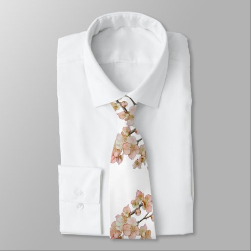 Orange green floral tree blossoms neck tie