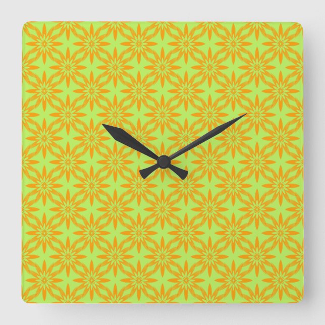 Orange Green Flower Seamless Pattern Square Wall Clock (Front)