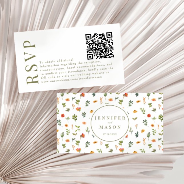 Orange green flower wedding RSVP QR code cards (Creator Uploaded)