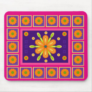 Orange Green Frame Flower Design Pink Background Mouse Pad