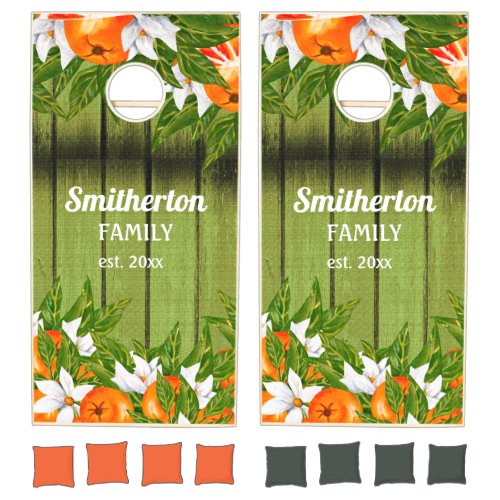 Orange Green Fruit Country Autumn Family Name Cornhole Set