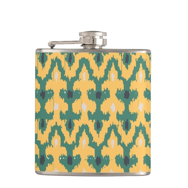 Orange Green Geometric Ikat Decorative Pattern Flask (Front)