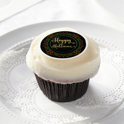 Orange Green Gold Glitter On Black Happy Halloween Edible Frosting Rounds