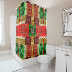 Orange Green Gold Patchwork Vintage With Monogram Shower Curtain
