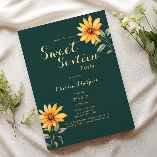Orange green gold sunflower floral Sweet Sixteen Invitation (Orange green gold sunflower floral Sweet Sixteen)