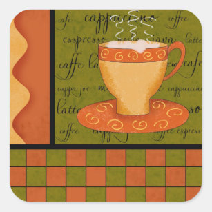 Orange Green Gold Whimsy Checkerboard Cup Art Square Sticker