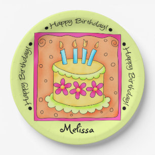 Orange Green Happy Birthday Cake Name Personalized Paper Plates