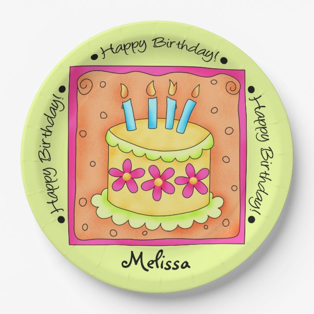 Orange Green Happy Birthday Cake Name Personalized Paper Plates (Front)