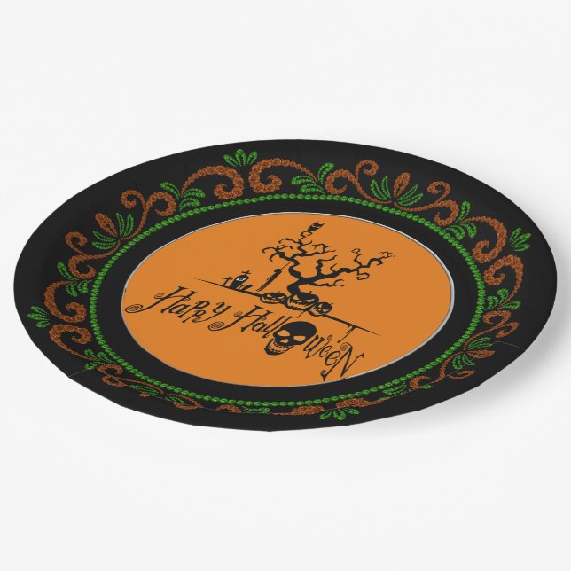 Orange Green Happy Halloween Grave Yard Paper Plates (Angled)