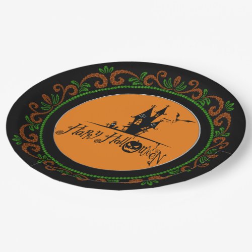 Orange Green Happy Halloween Haunted House Paper Plates