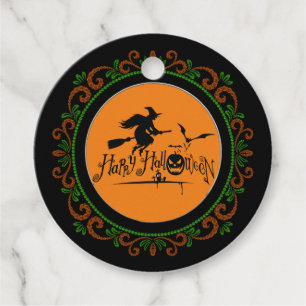 Orange Green Happy Halloween Witch And Bats Favor Tags