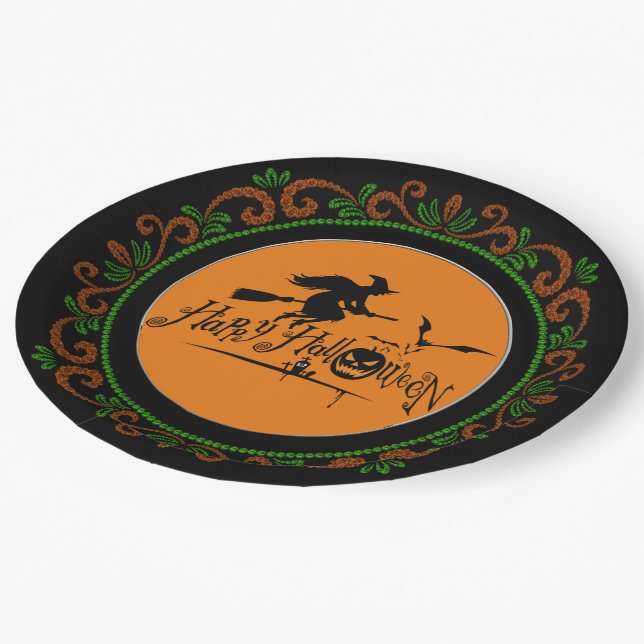 Orange Green Happy Halloween Witch And Bats Paper Plates (Angled)