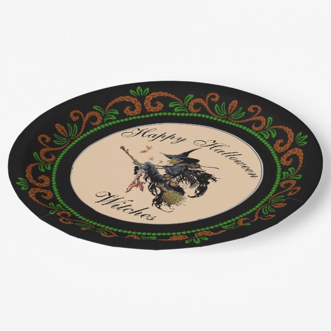 Orange Green Happy Halloween Witches Broom Paper Plates (Angled)