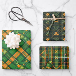 Orange Green Hat St. Patrick Tartan Plaid set 7 Wrapping Paper Sheets