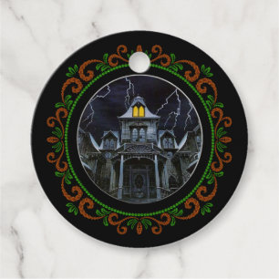 Orange Green Haunted House Halloween Favor Tags