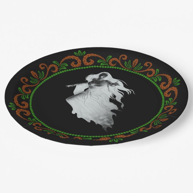Orange Green Lady In White Ghost Halloween Paper Plates (Angled)