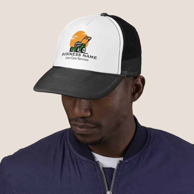 Orange Green Lawn Mowing Service Trucker Hat (In Situ)