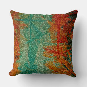 Orange Green Leather Throw Pillow