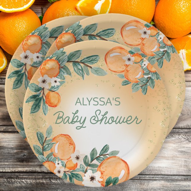 Orange Green Leaves Citrus Baby Shower Paper Plates (Little Sweetie Baby Shower custom paper plates)