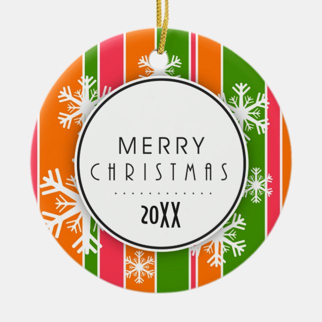 Orange & Green Merry Christmas Dated Photo Ceramic Ornament (Front)