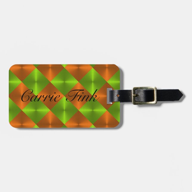 Orange Green Metallic Looking Squares Luggage Tag (Front Horizontal)