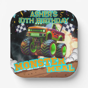 Orange Green Monster Truck Off Road Birthday Squar Paper Plates