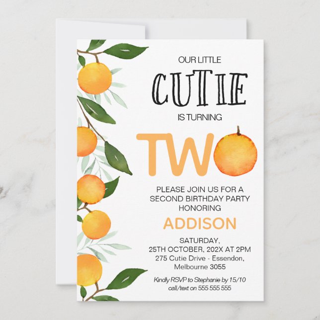 Orange Green Our Little Cutie 2nd Birthday Invitation (Front)