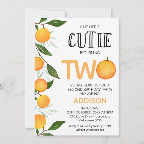 Orange Green Our Little Cutie 2nd Birthday Invitation