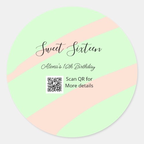 Orange green pastel  QR  Sweet sixteen birthday  Classic Round Sticker