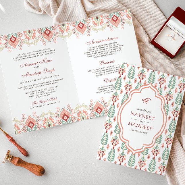 Orange Green Pattern All in One Sikh Wedding Invitation (Creator Uploaded)