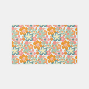Orange Green Pink Retro Flowers Pattern Outdoor Rug