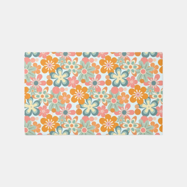 Orange Green Pink Retro Flowers Pattern Outdoor Rug (Front)