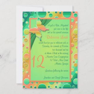 Orange, Green Polka Dot Striped Bat Mitzvah Invite