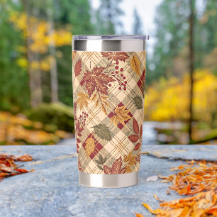 ORANGE GREEN RED FALL PLAID WITH AUTUMN LEAVES INSULATED TUMBLER