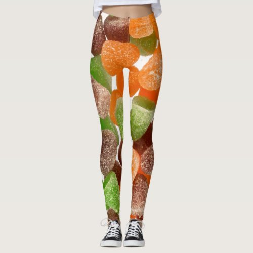 Orange green red gum candy sprinkled with sugar leggings