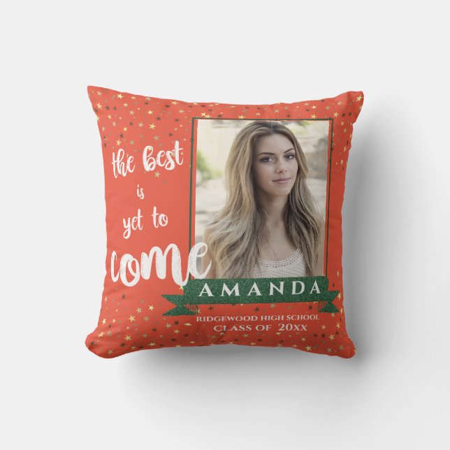 Orange Green Stars Class of 2024 Photo Graduation Throw Pillow (Front)