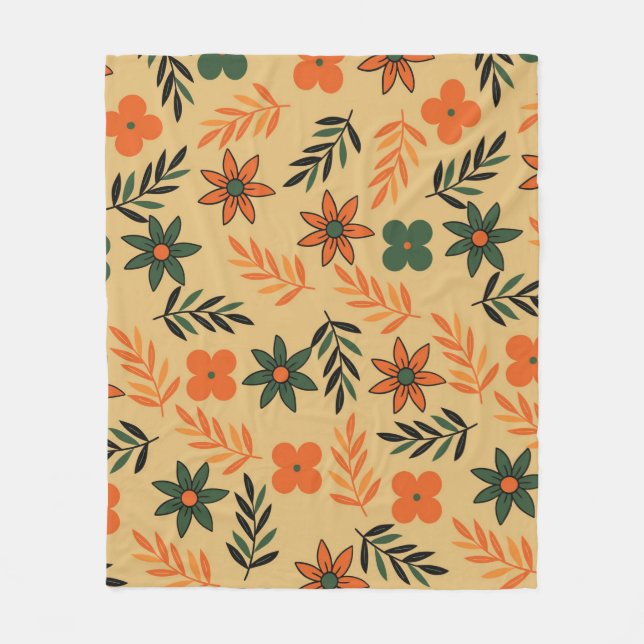 Orange Green Tropical Floral Botanical Summer Fleece Blanket (Front)
