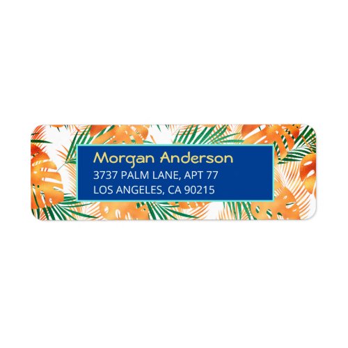 Orange  Green Tropical Leaves Deep Blue Address Label