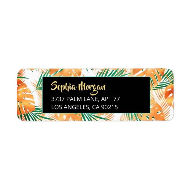Orange & Green Tropical Leaves, Name & Address Label (Front)