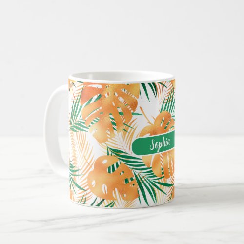 Orange  Green Tropical Leaves White Name Coffee Mug