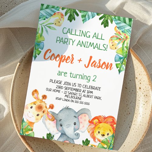 Orange Green Twins Party Animals Safari Birthday  Invitation