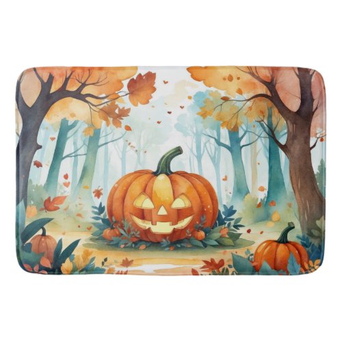 Orange Green Watercolor Autumn Pumpkins Forest  Bath Mat