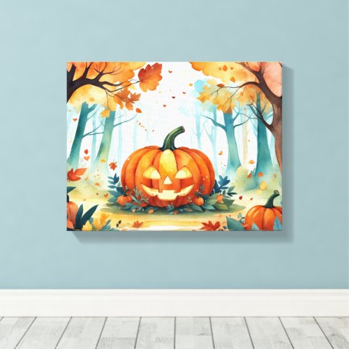 Orange Green Watercolor Autumn Pumpkins Forest Canvas Print